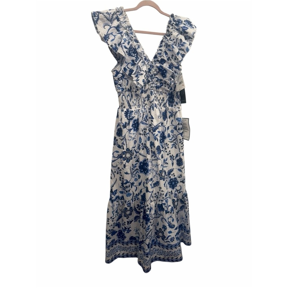 Adrianna Papell Blue White Floral Ruffle Midi Dress NWOT Size 10 Cottagecore - Picture 5 of 10
